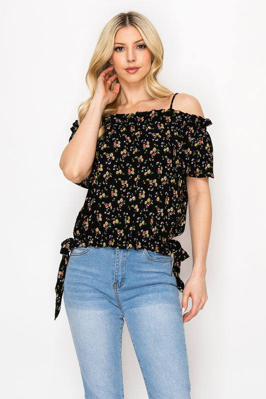 6820 - Off-shoulder floral top /w ruffles, straps and tie