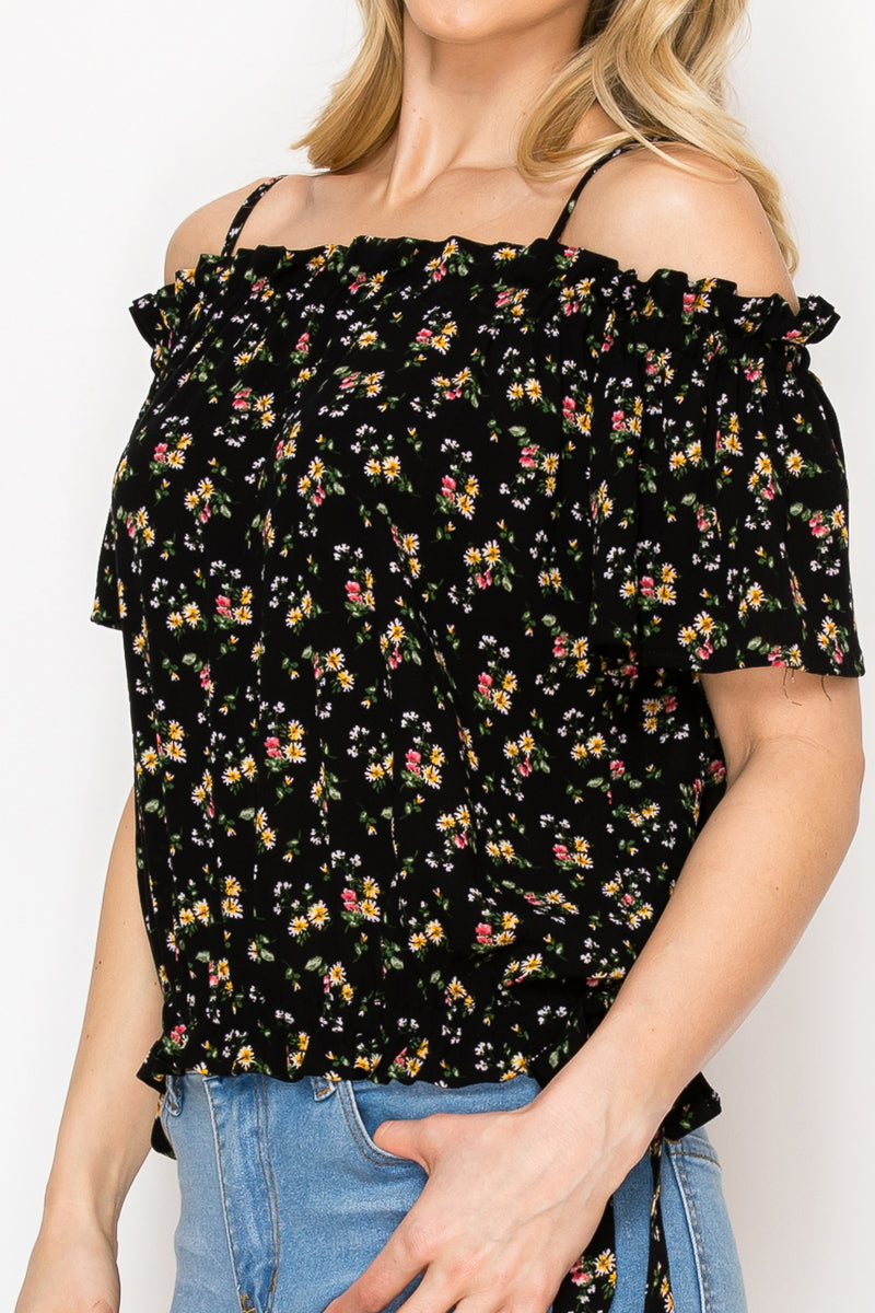 6820 - Off-shoulder floral top /w ruffles, straps and tie
