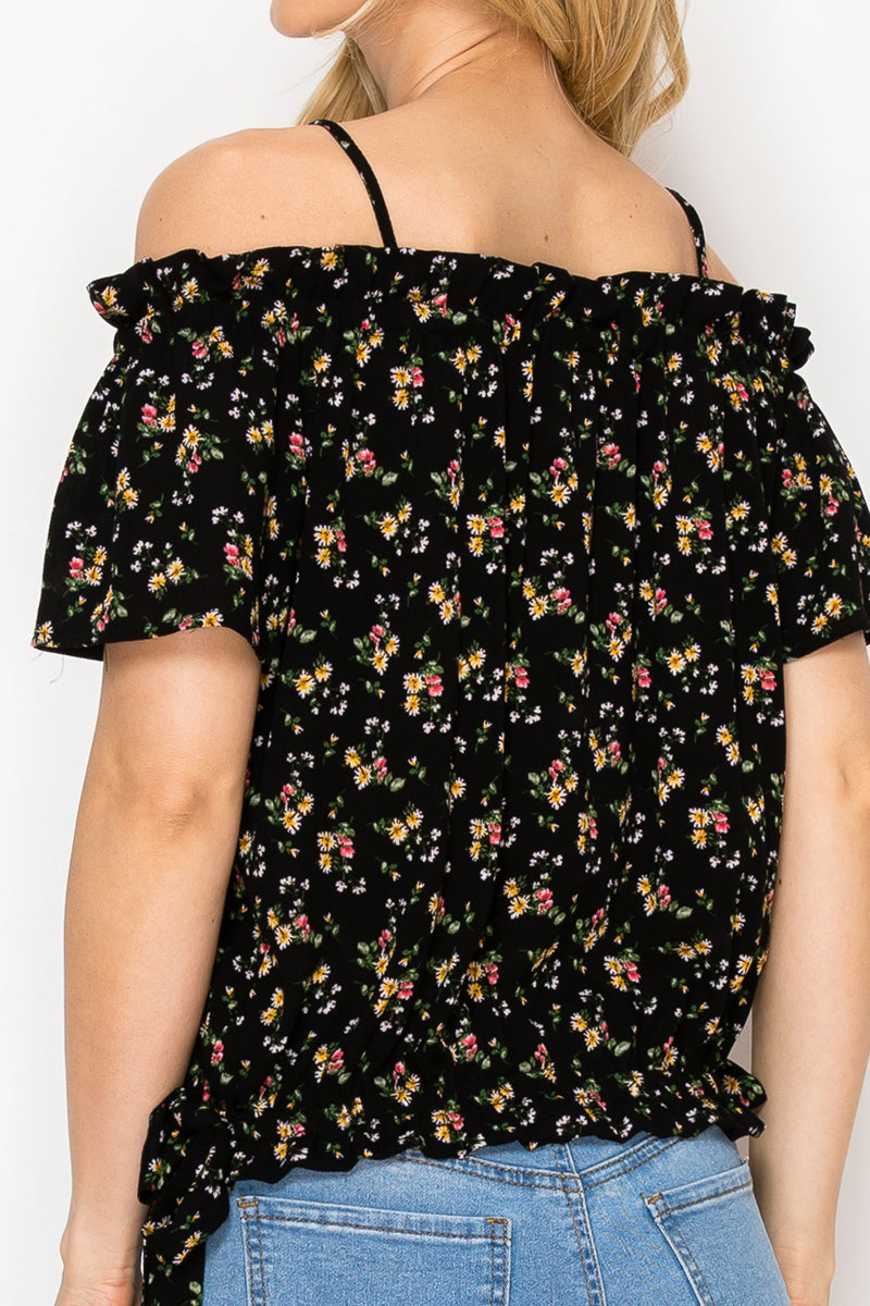 6820 - Off-shoulder floral top /w ruffles, straps and tie