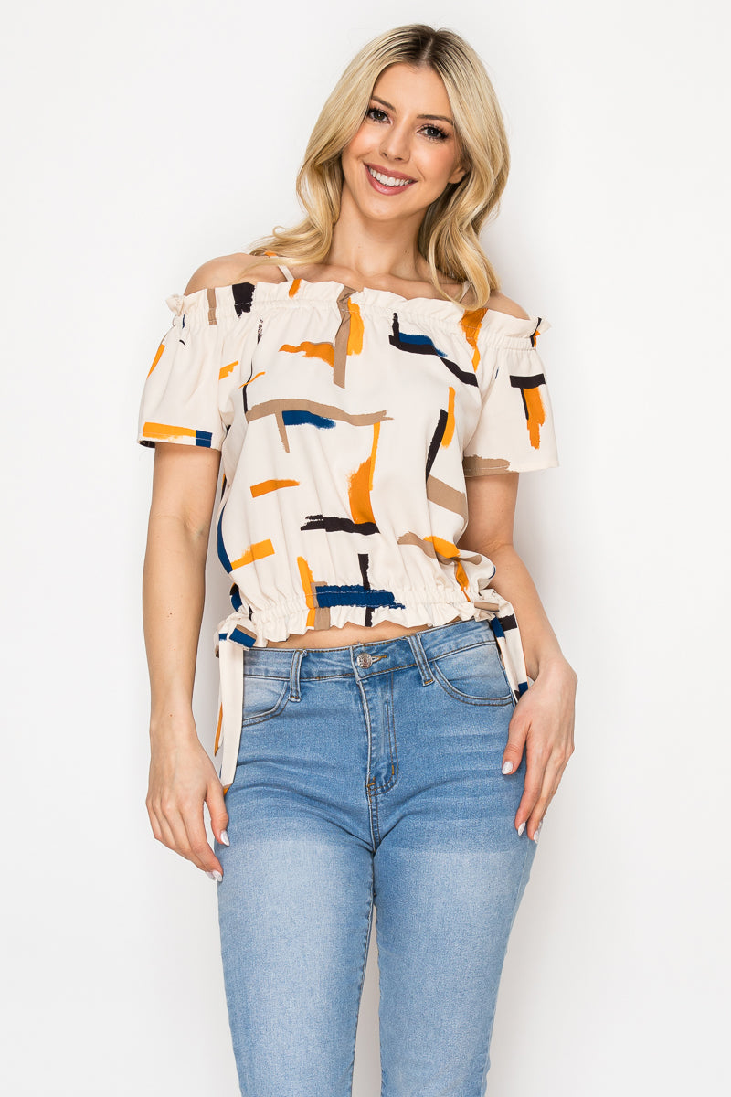 6820 - Off-shoulder floral top /w ruffles, straps and tie